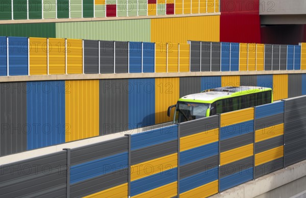 Colourful noise barriers on the A52 motorway, at the Essen-Rüttenscheid junction, the noise