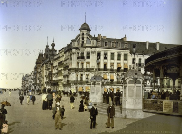 The dyke, beach promenade and Kursaal in Ostend, Belgium, ca 1895, Historical, digitally restored