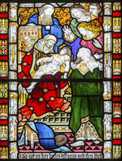 Detail of stained glass east window church of All Saints, Rede, Suffolk, England, UK, 2 Kings 4:20