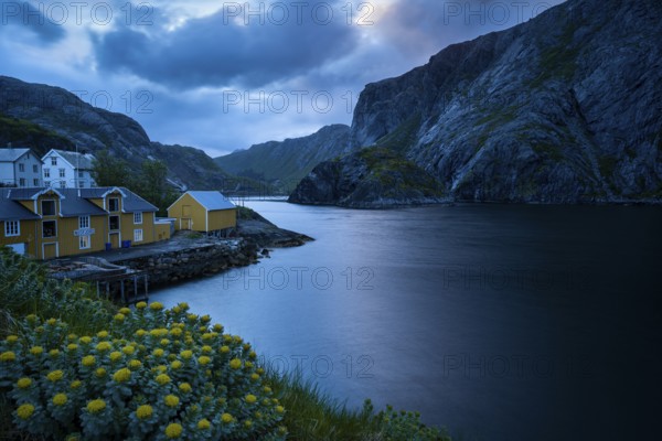 View of Nusfjord with yellow or ochre-coloured and white houses by the sea, mountains in the