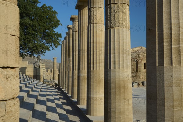 Acropolis of Lindos, morning light, Propylaea with open staircase, Lindos, Rhodes, Dodecanese,
