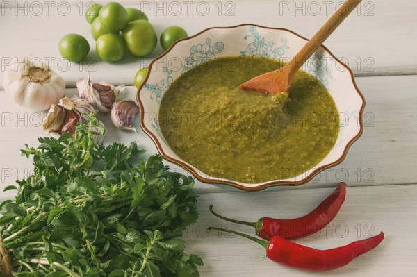 Tkemali sauce, traditional Georgian cuisine, green cherry plum, with ingredients for sauce,