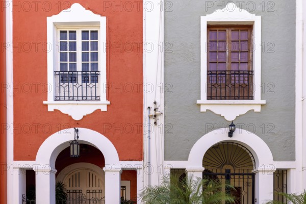Mexico, Mazatlan, Colorful old city streets in historic city center near El Malecon promenade,