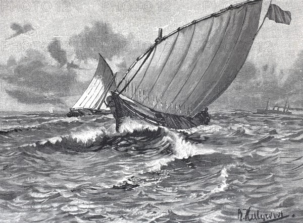 Sailing boat, dhow in stormy seas on the voyage from Tanzania to Zanzibar, 1895, reproduction of an