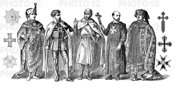 Religious costumes in 1880, from left: Order of St Stephen, Grand Master of the Teutonic Order,