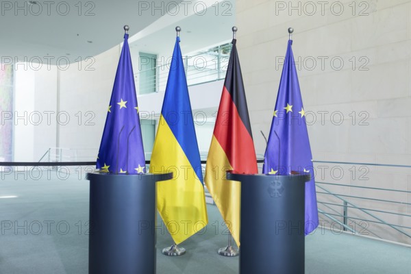 Flags of the European Union (EU), Ukraine and the Federal Republic of Germany in front of the joint