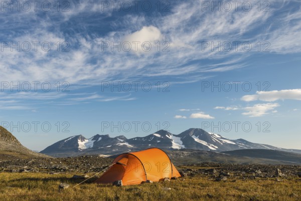 Tent in mountain landscape, Sarek National Park, World Heritage Laponia, Norrbotten, Lapland,
