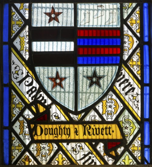 Stained glass window Doughty family crest by Thomas Willement c 1843, Theberton church, Suffolk,