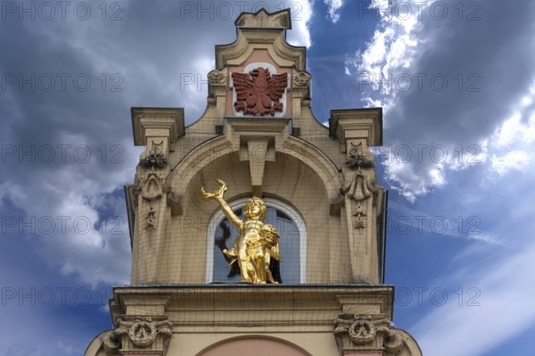 Residential building with gilded figure in baroque-style gable, 1887, Bad Kissingen, Lower