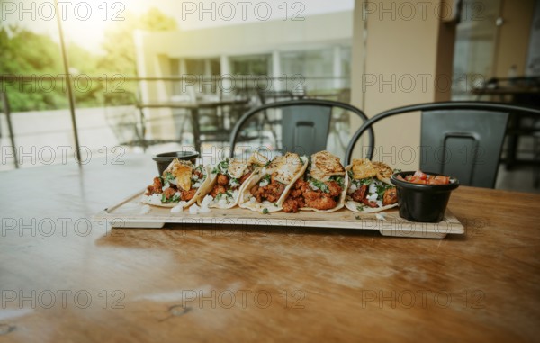 Delicious Mexican chicken tacos with sauces served on table restaurant. Traditional tacos al pastor