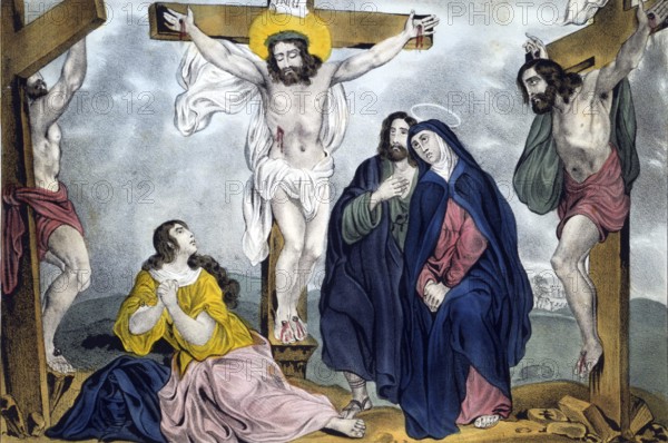 Crucifixion: Jesus on the cross between the two robbers. Virgin Mary, right, with St James and