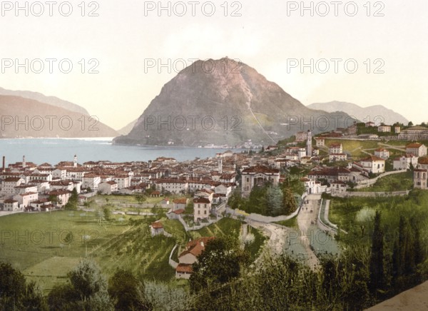 Lugano, from Massagno, Ticino, Switzerland, Historic, digitally restored reproduction from a 19th