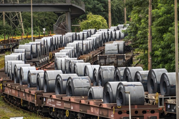 Strip steel coils, on freight wagons, at the ThyssenKrupp Steel plant Schwelgern in