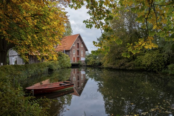 Watermill Düstermühle on the river Dinkel, Legden, Münsterland, North Rhine-Westphalia, Germany,