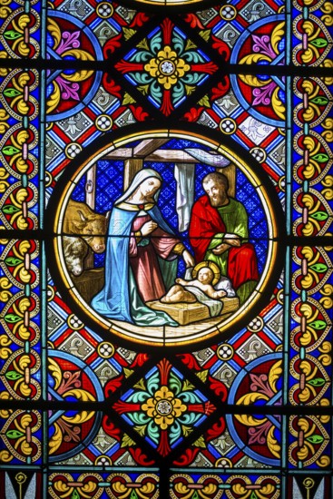 Church window, cot with Jesus and Mary and Joseph, Basel Minster, Basel, Canton of Basel-Stadt,