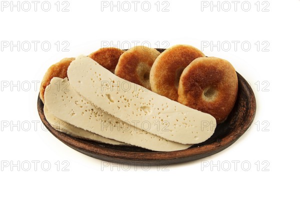 Mchadi, corn tortillas, traditional Georgian dish, corn bread, with Imeretian cheese, homemade, no