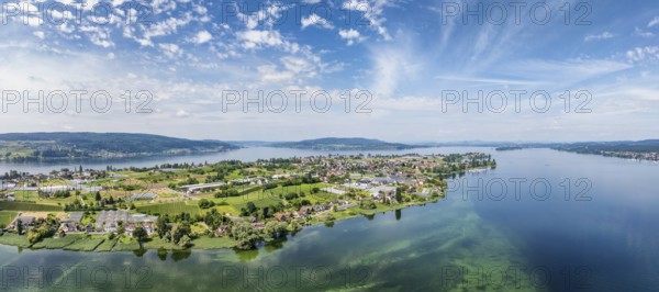 Aerial view, panorama of the island of Reichenau seen from the north, on the horizon from the left