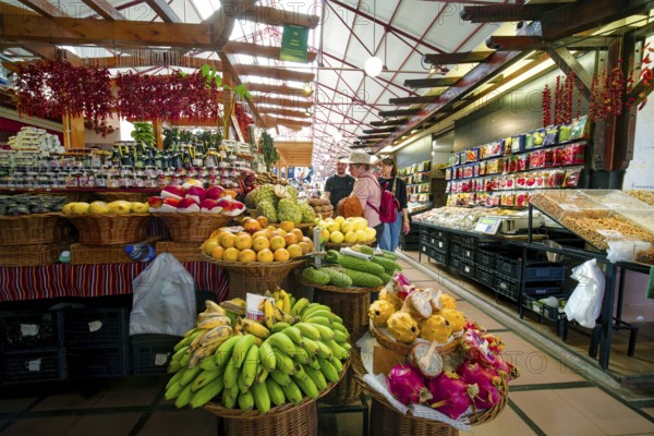 Fruit and vegetables, Mercado dos Lavradores market hall, interior view, Funchal, Madeira,