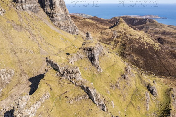 Aerial view of the Quiraing rock formation 'the prison', Trotternish peninsula, Isle of Skye,