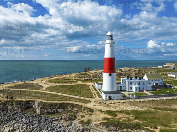 Portland Bill Lighthouse from a drone, Portland Bill, Isle of Portland, Dorset, England, United