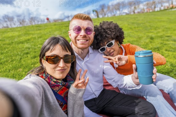 Three happy multi ethnic friends are taking a selfie in a park, gesturing victory signs and showing