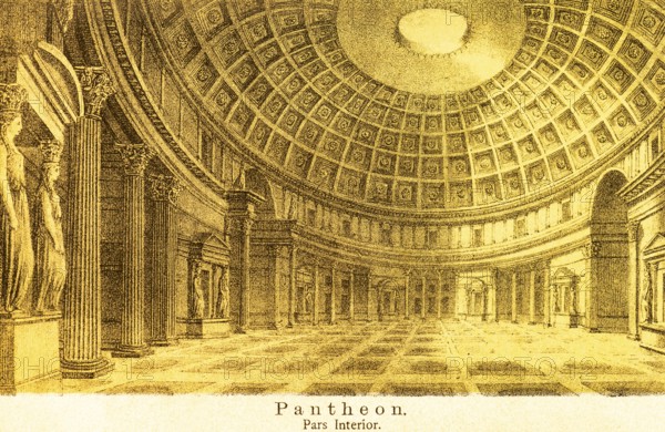 The interior of the Pantheon, ancient Rome, domed building, rotunda, statues, columns, today a