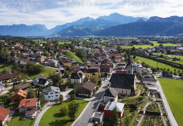 Drone image, view of village with church, Puch near Hallein, Salzachtal, Tennengau, Salzburg