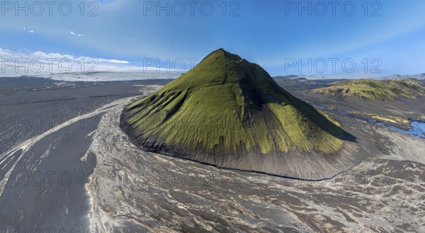 Aerial view, Mælifell mountain covered with moss, Maelifell, black sand desert Mælifellssandur,