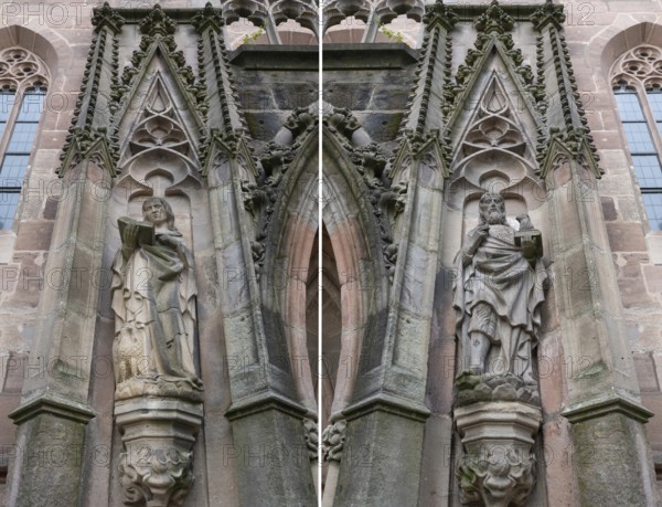 Sculptures to the left and right of the main entrance portal of St Nicholas and St Ulrich Church,
