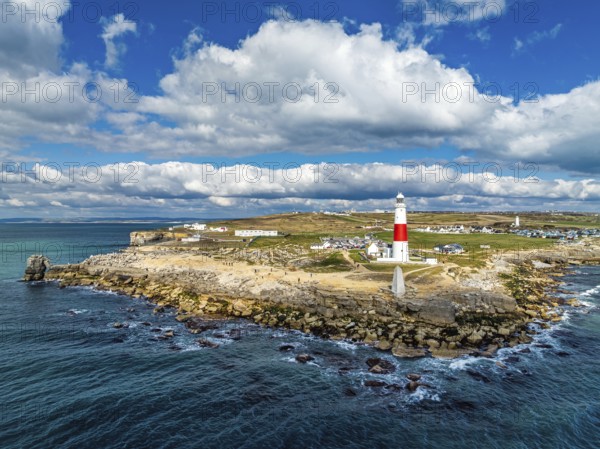 Portland Bill Lighthouse from a drone, Portland Bill, Isle of Portland, Dorset, England, United