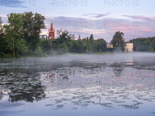 View over Lake Wörlitz to Wörlitz Castle and the Bible Tower of St Peter's Church in Wörlitz Park