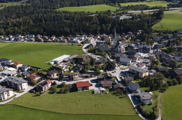 Drone image, settlement area, view of village with church, Pfarrwerfen, Salzachtal, Pongau,