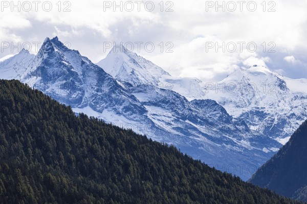 Snow-covered peaks of the mountains Le Besso, and Obergabelhorn, Val d'Anniviers, Valais Alps,