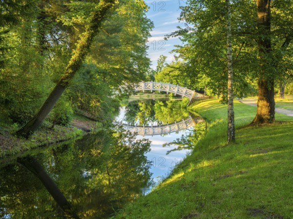 The Chinese or White Bridge in Wörlitz Park in the evening light, Garden Kingdom Dessau-Wörlitz,
