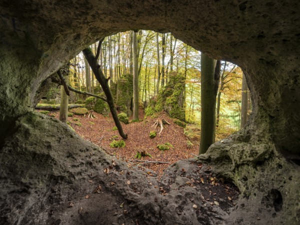 The witches' gate, rock gate in autumn, Betzenstein, Upper Franconia, Franconian Switzerland,