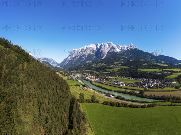 Drone shot, view of village with church, Pfarrwerfen, Tennengebirge, Salzachtal, Pongau, Salzburg