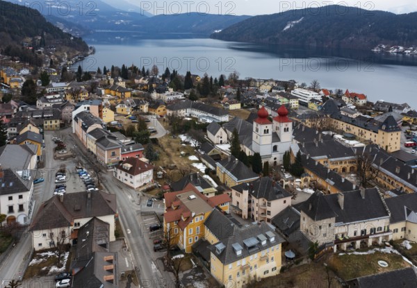 Drone shot, view of the town, Millstatt Abbey, Millstatt, Lake Millstatt, Carinthia, Austria,