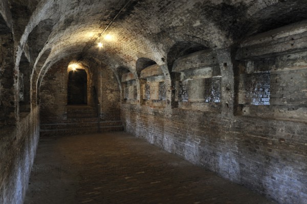The pentagonal Fort Napoleon showing the interior of the Caponier with gun ports, Ostend, Belgium,