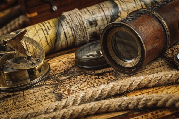 Travel geography navigation concept background, old vintage retro compass with sundial, spyglass