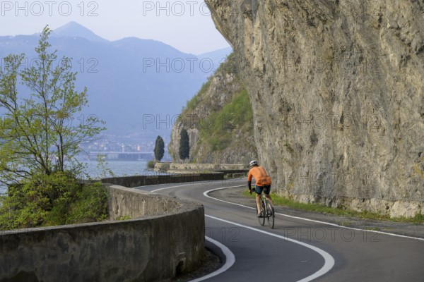 Beautiful cycle path along the eastern shore of Lake Iseo, Pisogne, Province of Brescia, Italy,