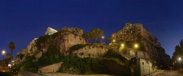City view with the medieval old town of Tropeain the evening twilight, Via Lugomare, Tropea,