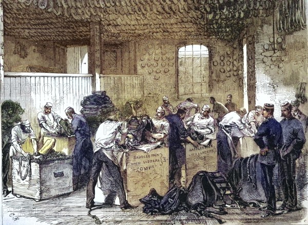 Workers at Woolwich Arsenal prepare to equip the cavalry for the Abyssinia Expedition, 1869,