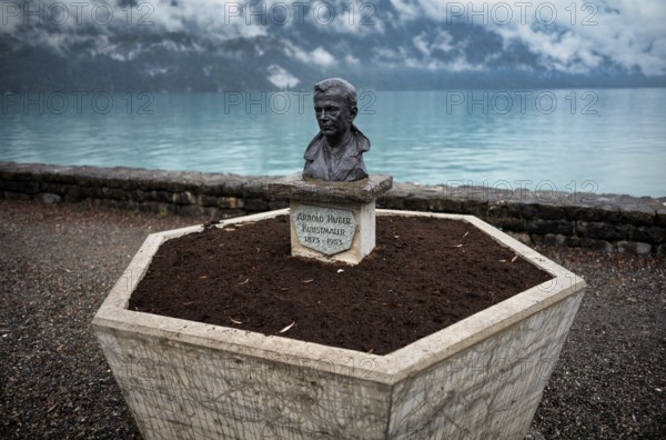Bust, Monument in memory of the painter Arnold Huber, 1873-1953, Lake promenade on Lake Brienz,