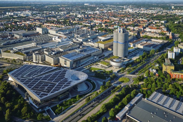 MUNICH, GERMANY, JULY 08, 2018: Aerial view of BMW Museum and BWM Welt and factory and Munich from