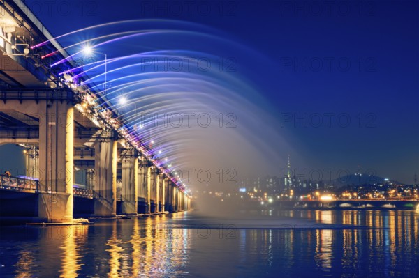 SEOUL, SOUTH KOREA, APRIL 7, 2017: Banpo Bridge Rainbow Fountain tourist landmark on Han river
