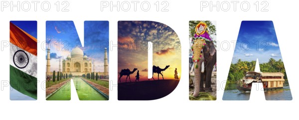 Travel Indica concept background, India text with indian tourist attractions iconic images on