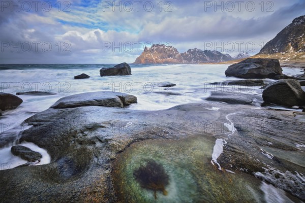 Rocks on beach of fjord of Norwegian sea in winter with snow. Utakliev beach, Lofoten islands,
