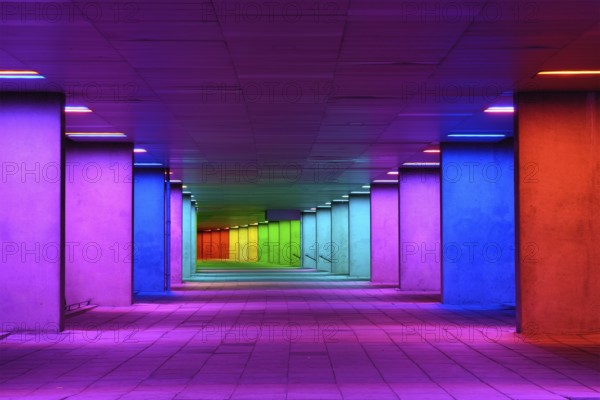 ROTTERDAM, NETHERLANDS, MAY 11, 2017: Colorful mulitcolored illuminated gallery tunnel rainbow