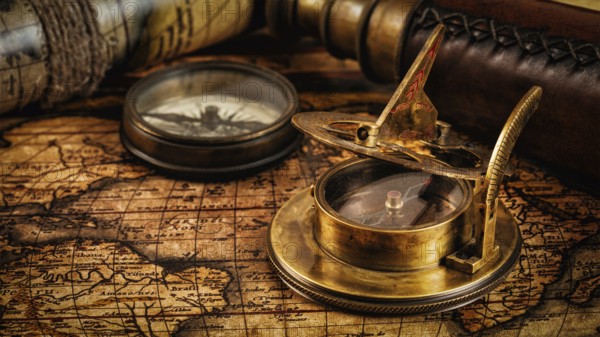 Travel geography navigation concept background, panorama of old vintage retro compass with sundial,