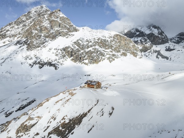 Aerial view, Piz Picuogl, winter in the mountains, Chamanna Jenatsch CAS, Swiss Alpine Club hut,